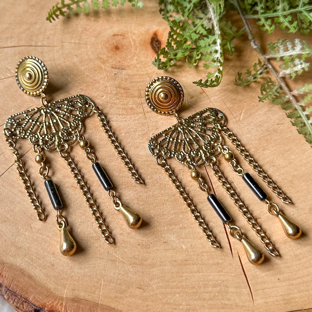 Vintage Gold Filigree Fan Drop Earrings Chain Chunky Statement